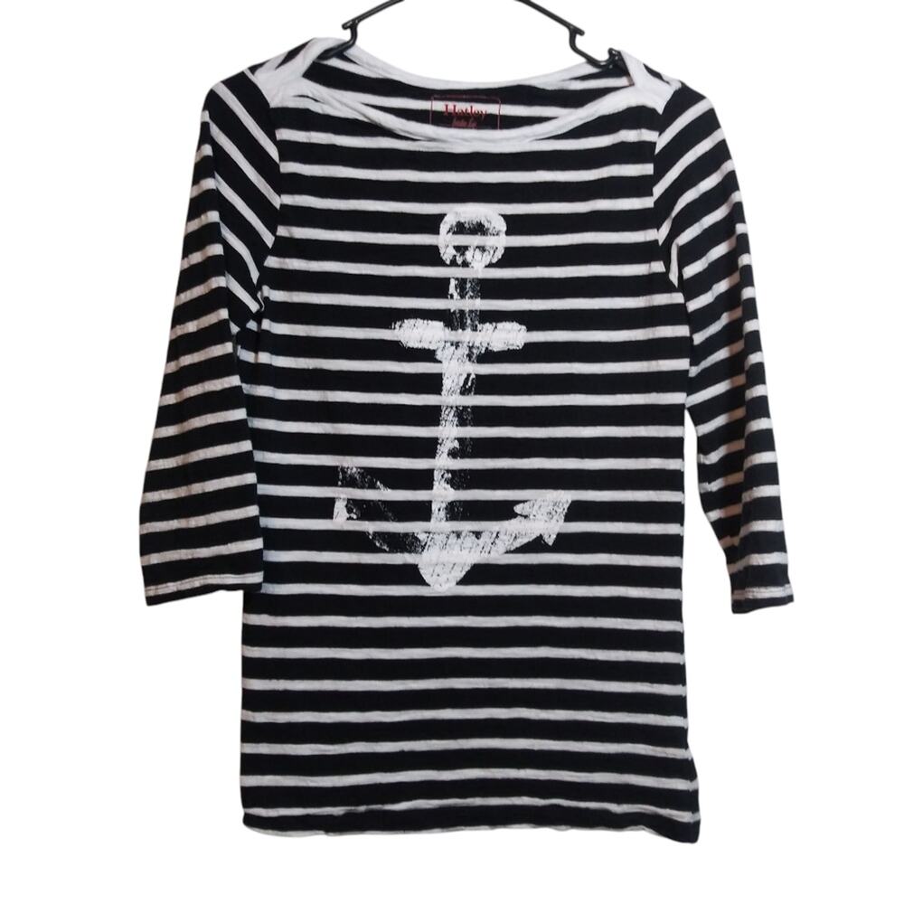 Hatley Briton Large Navy Blue White Striped Anchor Cotton T Shirt Nautical Sz S